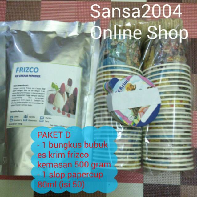 

PAKET D (1 bungkus bubuk eskrim 500grm + papercup 80ml + sendok dan tutup)