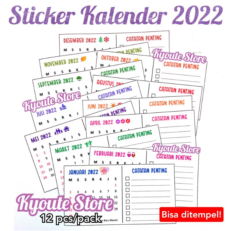 

Stiker Kalender 2022 / Kyoute 12 Calendar Sticker Dinding Bisa Ditulis