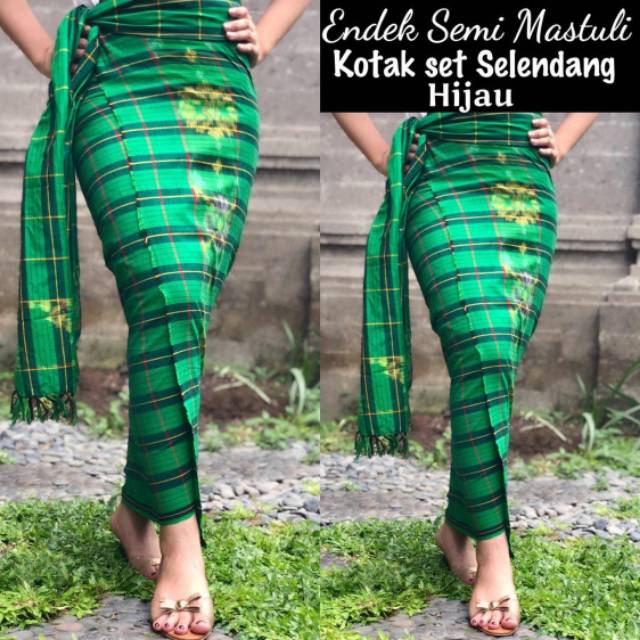 Kamen Bali grosir Kamen Bali Endek Semi Mastuli Kotak Set Selendang Hijau Oleh Oleh Khas Bali