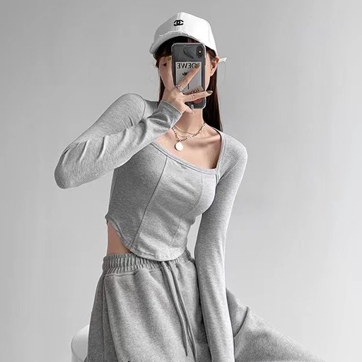 【MISSHONEY】Square Neck Long Sleeve Crop Top 7307 (S/M/L/XL)