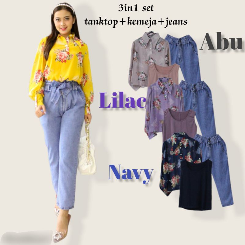 SETELAN CELANA WANITA / SETELAN JEANS WANITA / SETCEL WANITA FLOWER