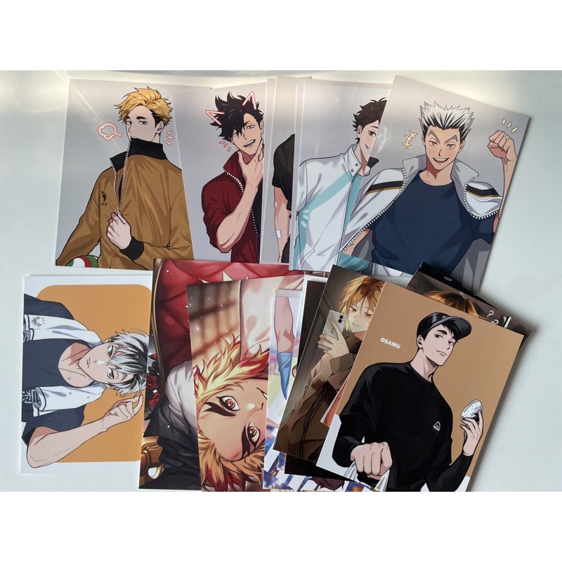 

onegingek, rimumu, myanya, ygintam haikyu, bnha fanmerch postcard and id card