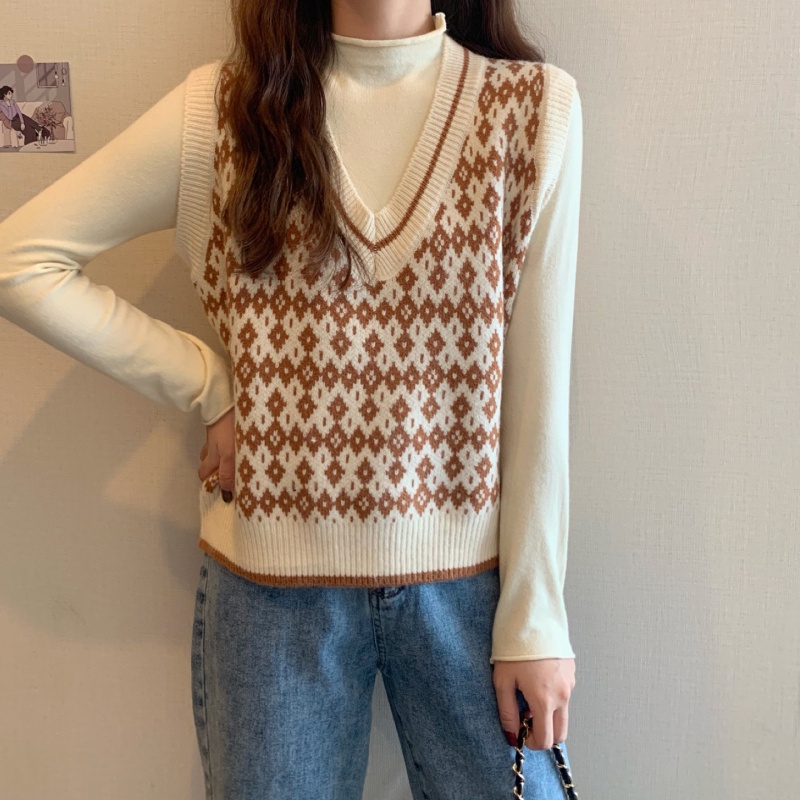 Korea Tanpa lengan longgar v-neck Rompi kisi sweater rajutan rompi