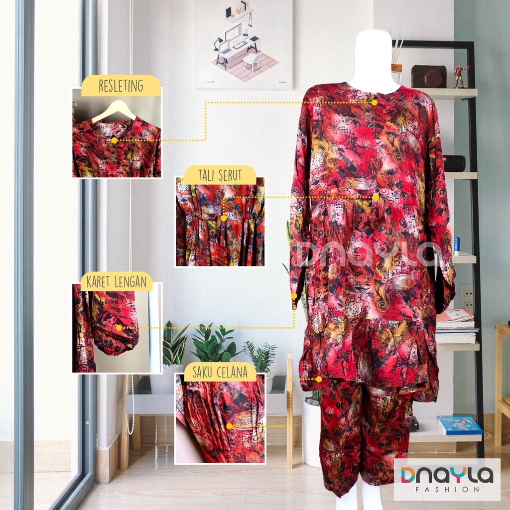 One Set Rempel Resleting Tali Serut / Setelan Celana Panjang / Setelan Baju Wanita Motif Batik