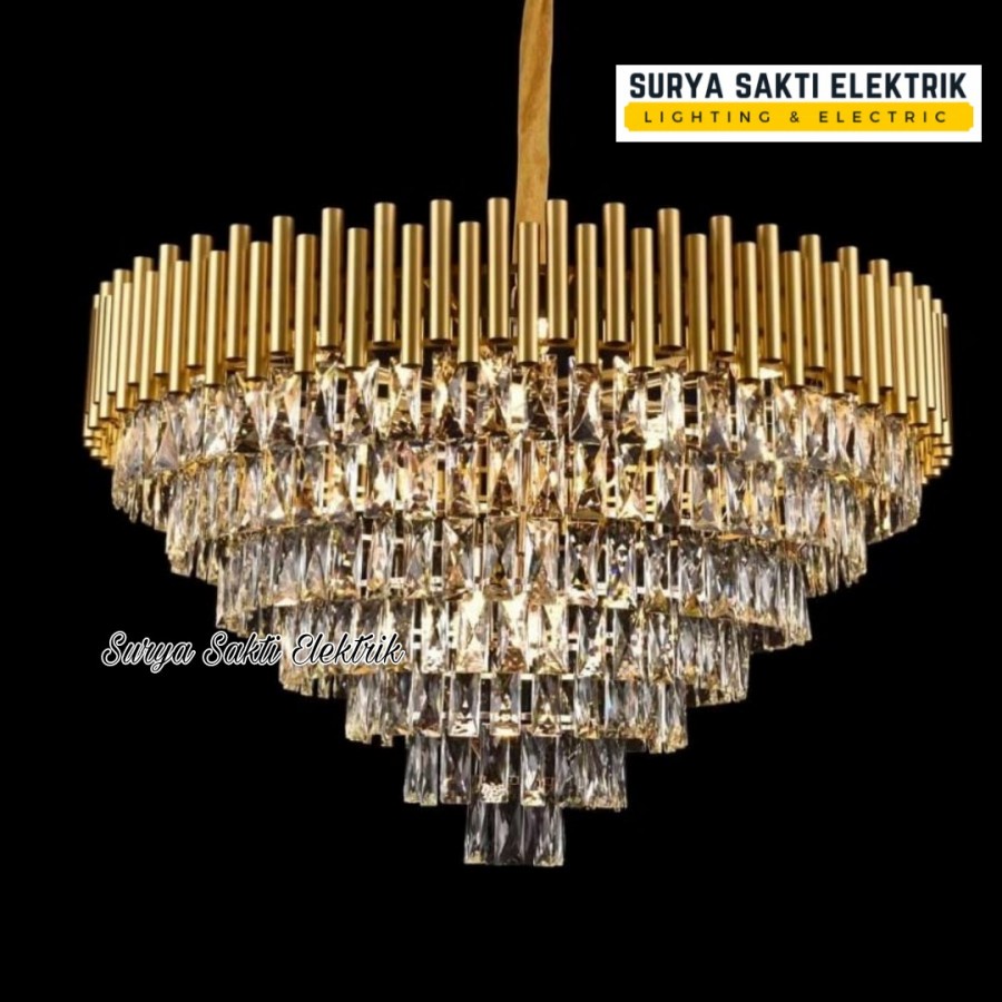 Lampu Gantung Kristal Modern Gold Mewah Hias Ruang Tamu Besar