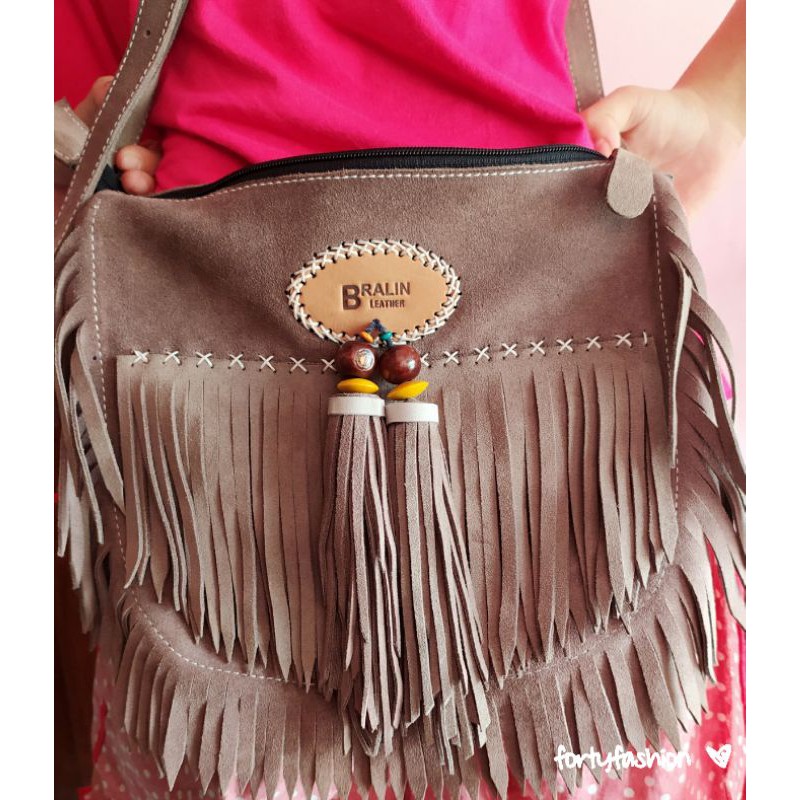 Tas Kulit Asli, etnik dan manis, motif Indian. dari kulit sapi jenis Suede Mercy