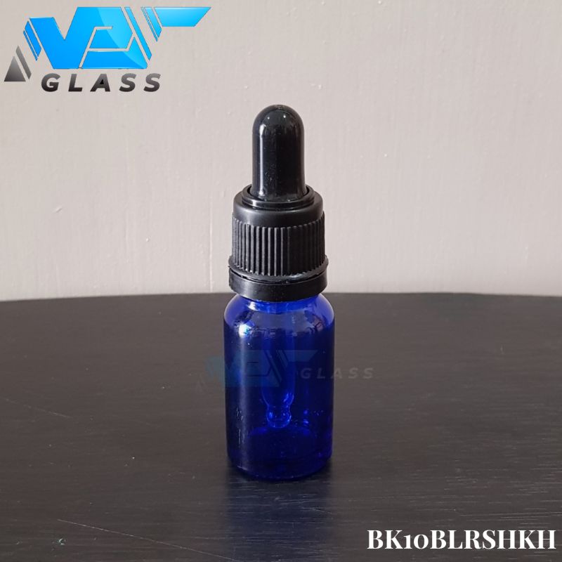 botol kaca pipet 10ml tebal biru - ring segel hitam