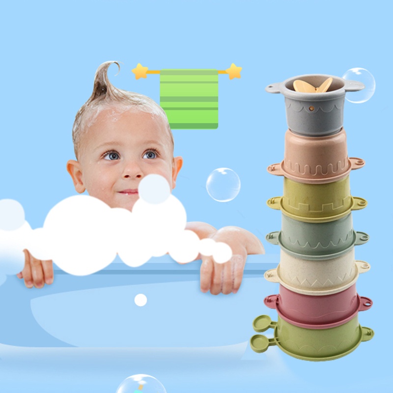 Mary 7Pcs Shower Mainan Bayi Susun Cangkir Bangunan Mainan Pasir Air Mainan Untuk w/Drain Bawah Edukasi Kamar Mandi Mainan Untuk In