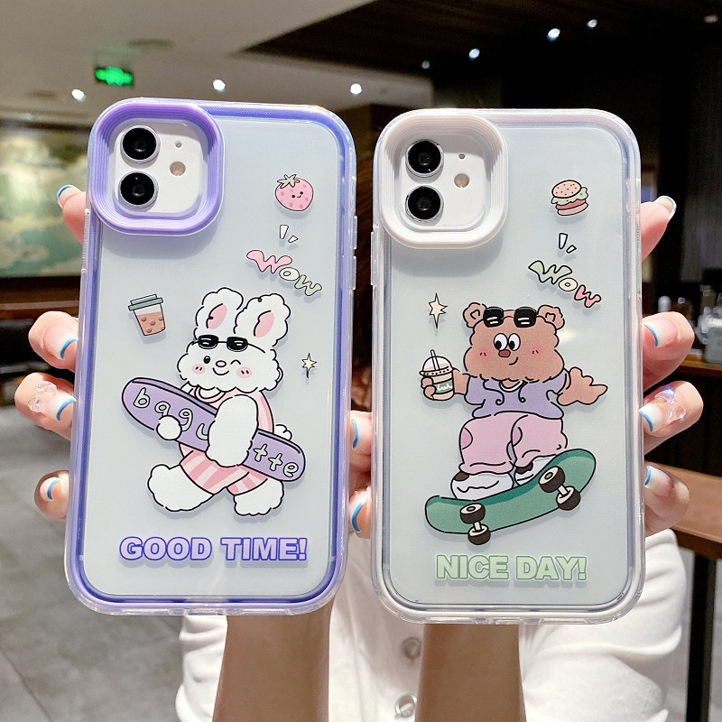 (3 In 1) Casing iPhone 11 12 13 Pro MAX X XR XS MAX 7 8 + Motif Beruang + Kelinci Lucu