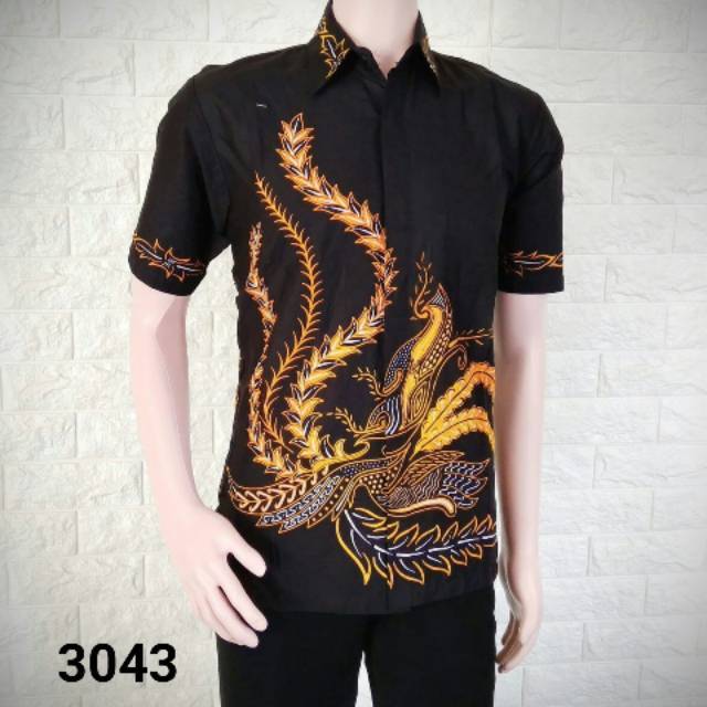 3043 Kemeja Batik Lengan Pendek Hem Pria Hitam Motif Burung