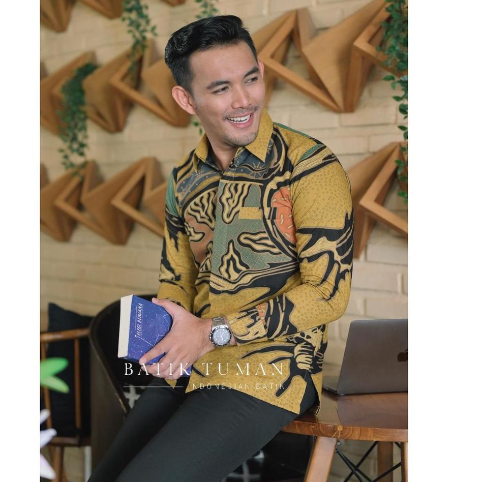 Keluaran Terbaru.. (SLIMFIT & REGULER) PONDRAKARNA Kemeja Batik Pria Warna Kuning Pastel Batik Mega 
