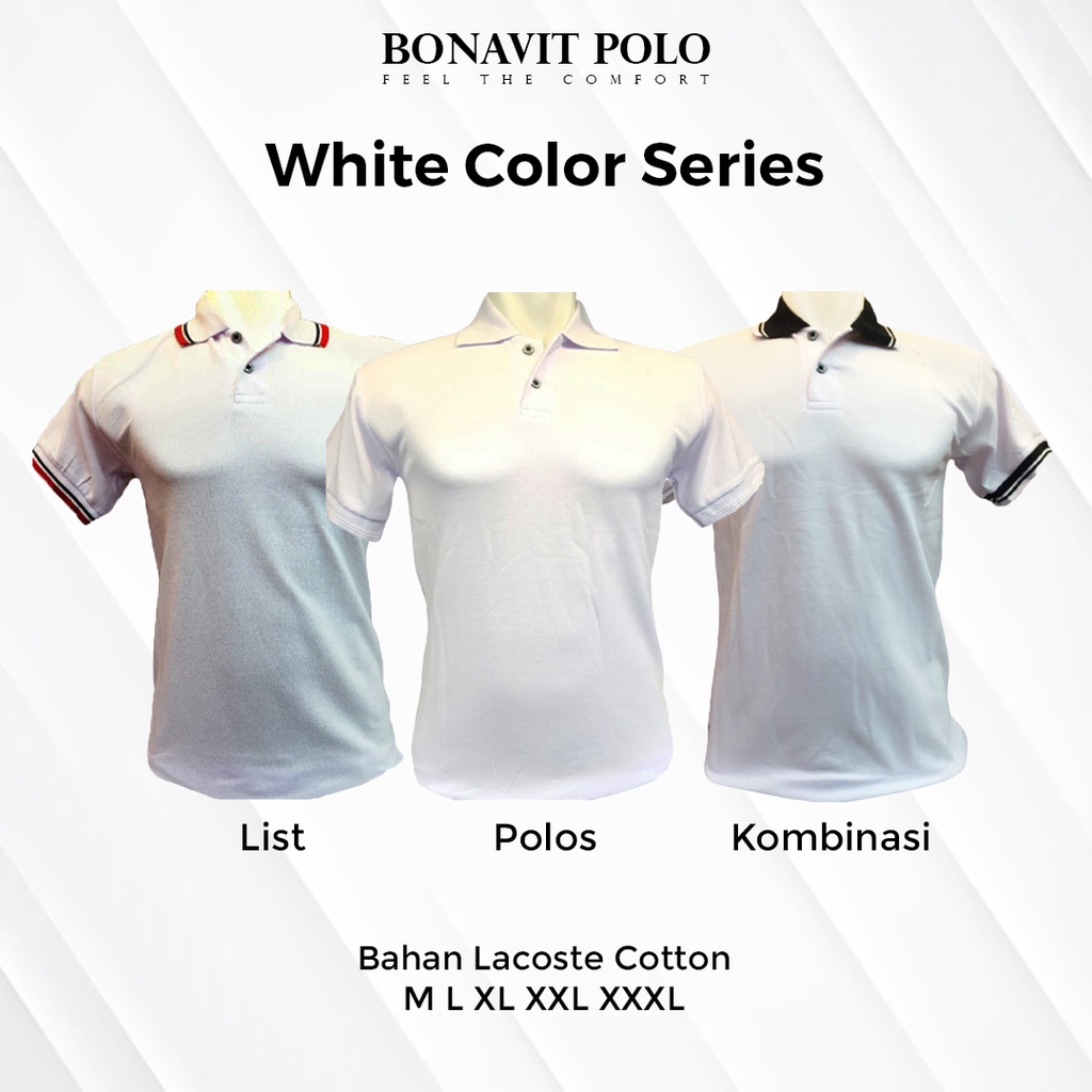 KAOS POLO DEWASA UNISEX WARNA PUTIH 3 TYPE UKURAN SAMPAI JUMBO BAHAN LACOSTE BONAVIT POLO