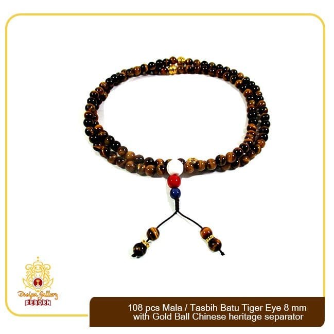 108 Pcs Mala/Tasbih Batu Tiger Eye 8mm with Gold Ball Chinese Heritage