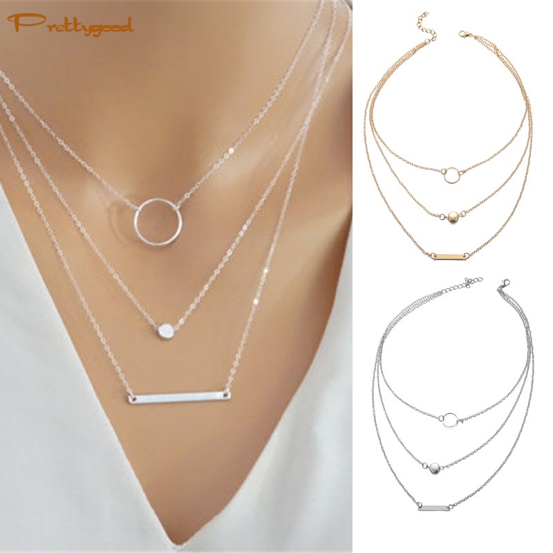 Paduan Sederhana Lingkaran Geometris Liontin Multi-elemen Kombinasi Fashion Kalung Liar Wanita -PD