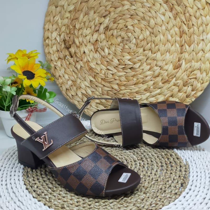 Sandal Tali belakang elvi damier hak tahu High heels cokelat Heels wanita  Pd318