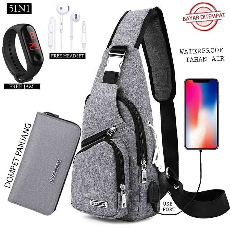 TANMESSO 5in1 BAYAR DITEMPAT- JAM LED -HEADSET- DOMPET -USBPORT -TAS WATERPROOF-BAHAN INTERPILAR SENDIRI LEMBUT DAN TEBAL MENGANDUNG 70%COTTON BUKAN PARASUT ATAU KANVAS SEPERTI YANG BEREDAR DIPASARAN-TAS SELEMPANG PRIA-SLING BAG PRIA