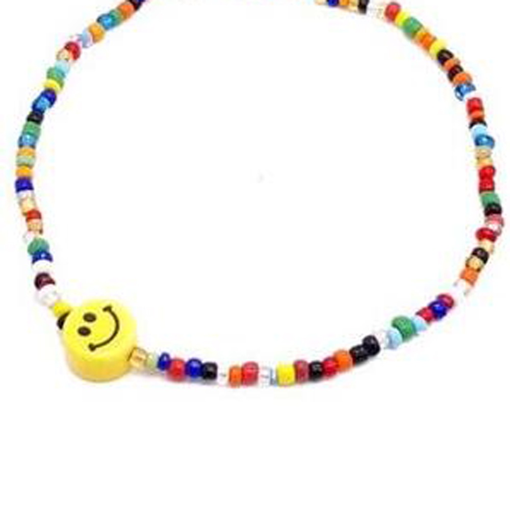 Needway  Korean Smile Face Necklace Fashion Smile Face Beads Colorful Beads Choker Cute Rainbow Color Creative Summer Gifts Irregular Rice Beads Necklace Jewelry