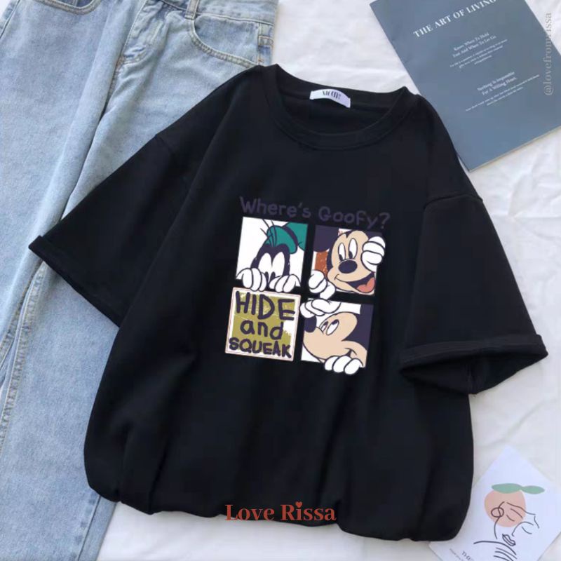 Kaos Tshirt Mickey Goofy Oversized Korean Streetwear Baju Unisex Lengan Pendek Love Rissa