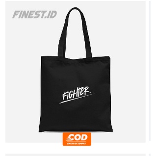 Tas Bahu ToteBag FIGHTER Bahan Drill Premium Resleting Tali Kain 30 x 40 cm