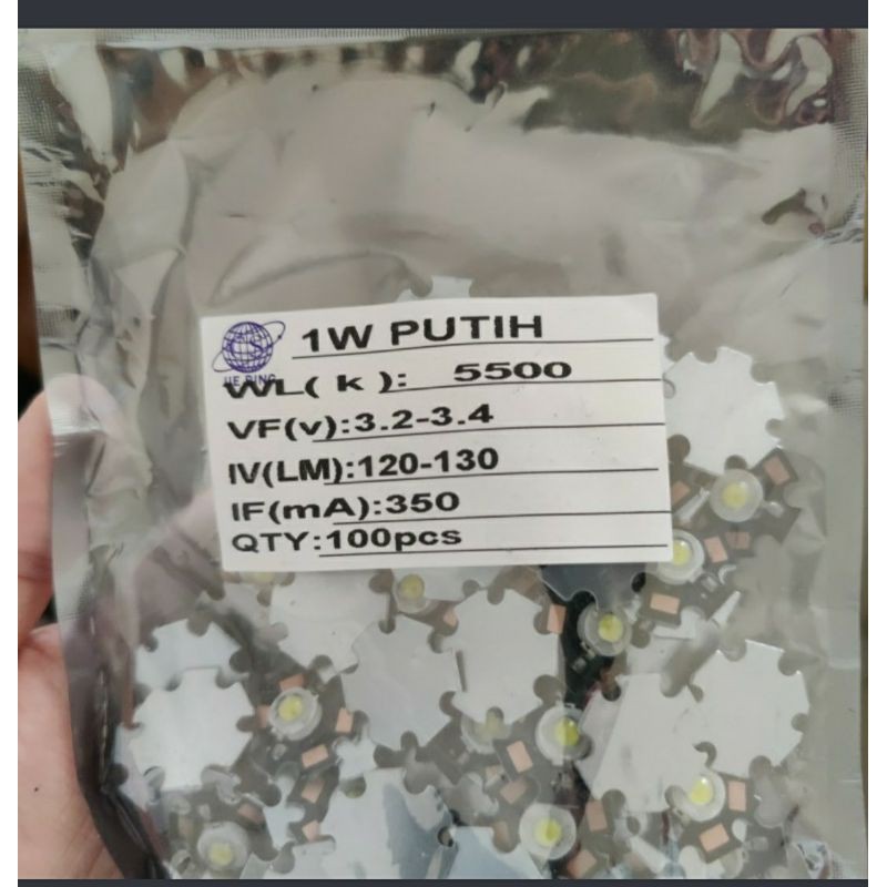 High Power LED ( HPL ) 1 Watt + Pendingin Star putih / warm white / Biru / Kuning / Hijau 1w 100pcs