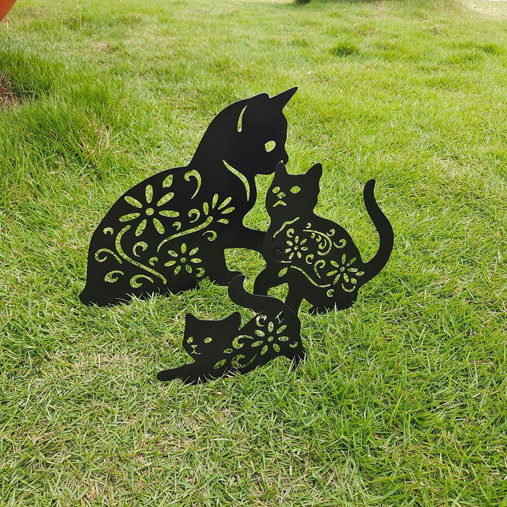 Solighter 3PCS/Set Dekorasi Kucing Besi Seni Patung Pemandangan Landak Ornamen Patung Taman Siluet Pasak