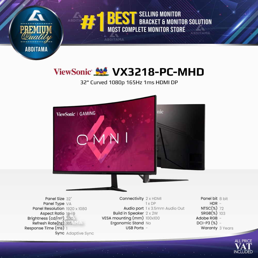 Monitor LED Viewsonic VX3218 PC MHD 32" Curved 1080p 165Hz 1ms HDMI DP