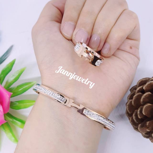 Gelang set+Cincin(JJ-288)titanium asli anti karat&amp;alergi rose gold uk6Cm permata