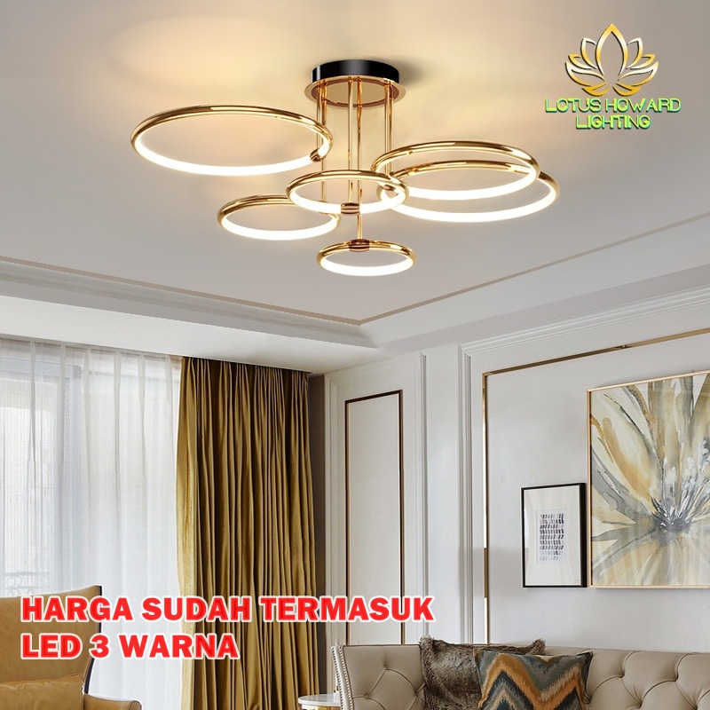 LAMPU PLAFON MODERN LED 3 WARNA LH8024-6 / LAMPU LED PLAFON 6 RING - GOLD