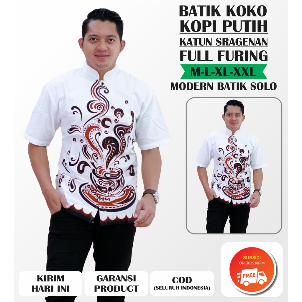 Kemeja Batik Pria Lengan Pendek Baju Batik KOKO Motif KOPI PUTIH Atasan Muslim Pria Model Batik Mode