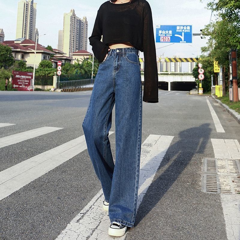 Biru laut Highwaist Wanita Loose Berkaki Lebar Denim Celana Jens Wanita