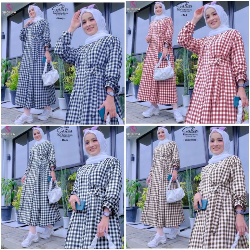 fuji midi dress wanita bahan katun kotak kotak/midi dress sehari hari/dress murah wanita