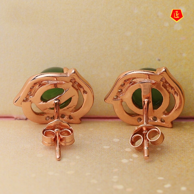 [Ready Stock]Hetian Jade Ear Studs Women's S925 Silver Elegant