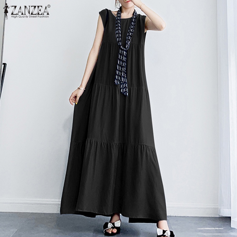 ZANZEA Women Casual Sleeveless Ruffles Hem O-Neck Layered Maxi Dress