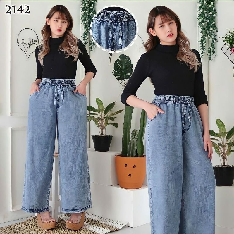 CELANA KULOT RAWIS JEANS CELANA KULOT JEANS,  WANITA PINGGANG FULL KARET, CELANA BOYFRIEND