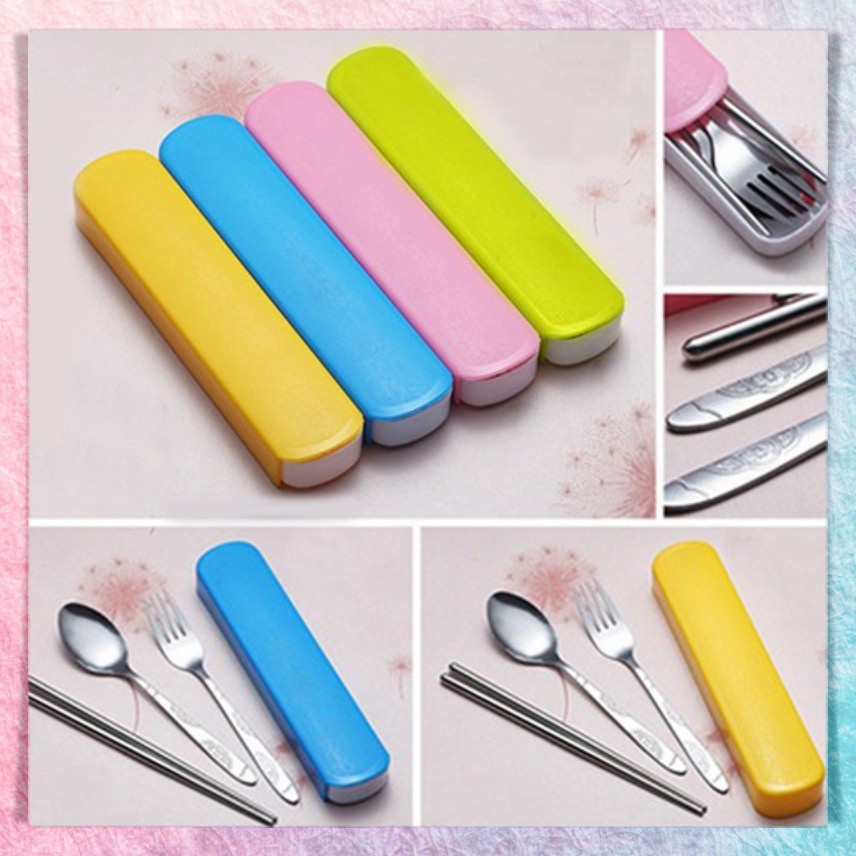 1 Set Alat Makan Sendok Garpu Sumpit Stainless Steel + Box Plastik | Portable Travel Cutlery