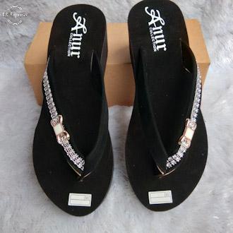 ANUR-sendal wanita wedges terbaru tali capit plat permata tinggi 6 cm