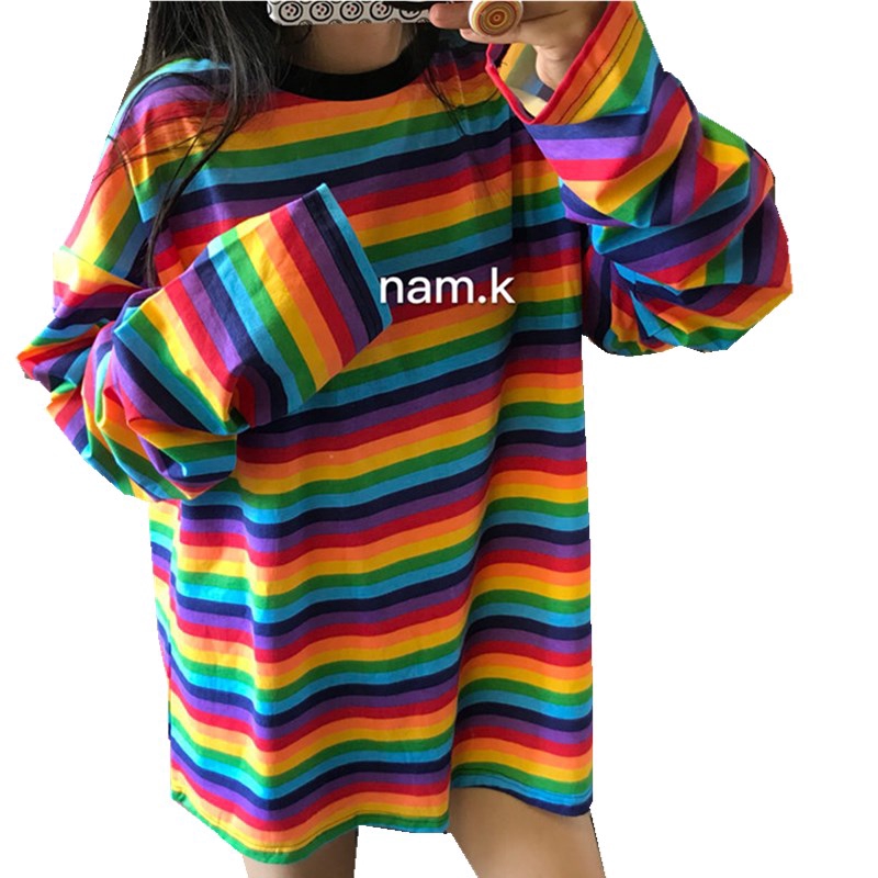 Korea Kaos  Lengan  Panjang  Pelangi  Bergaris Wanita Shopee 