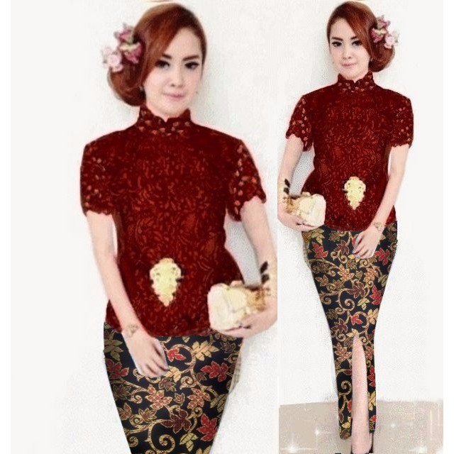  TERLARIS Set Kebaya Kandi Maroon Navy Brukat Motif 