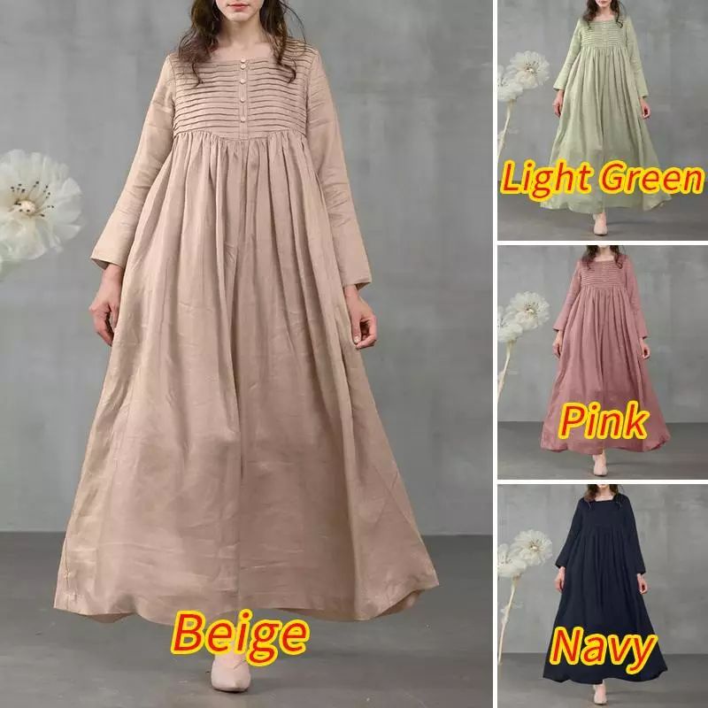 ZANZEA Gaun Maxi wanita katun Dress jumbo lipit S-5XL