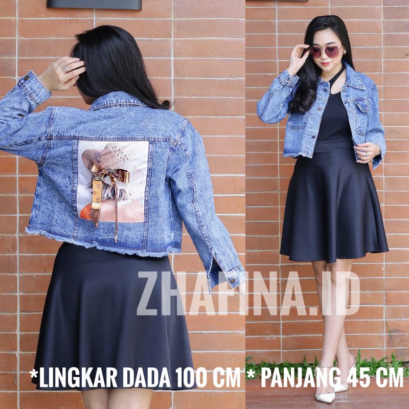 Jaket Jeans Wanita Oversize Crop Wash Denim Bahan Tebal Muat BB 80-90 kg Jumbo