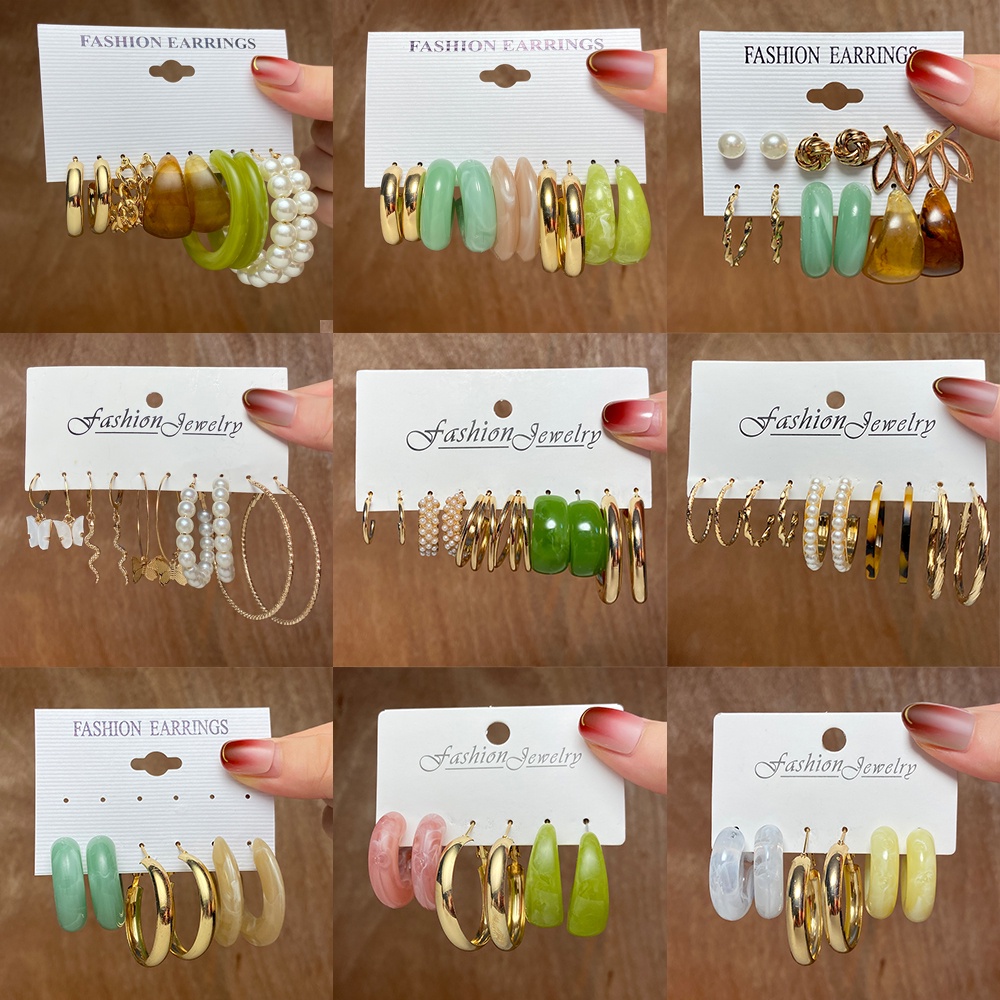 Fashion Colorful Resin Earring Set Retro Pearl Butterfly Hoop Earrings Women Jewelry Accessories