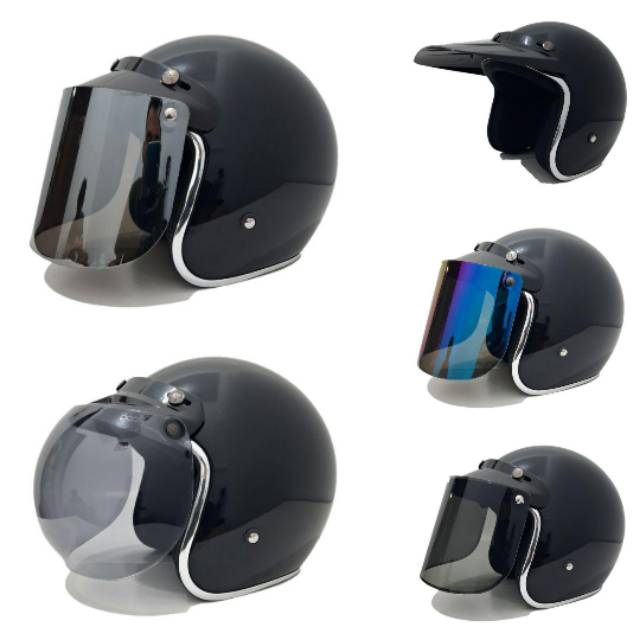 Helm Bogo Hitam gloss List chrome set kaca datar kaca ...