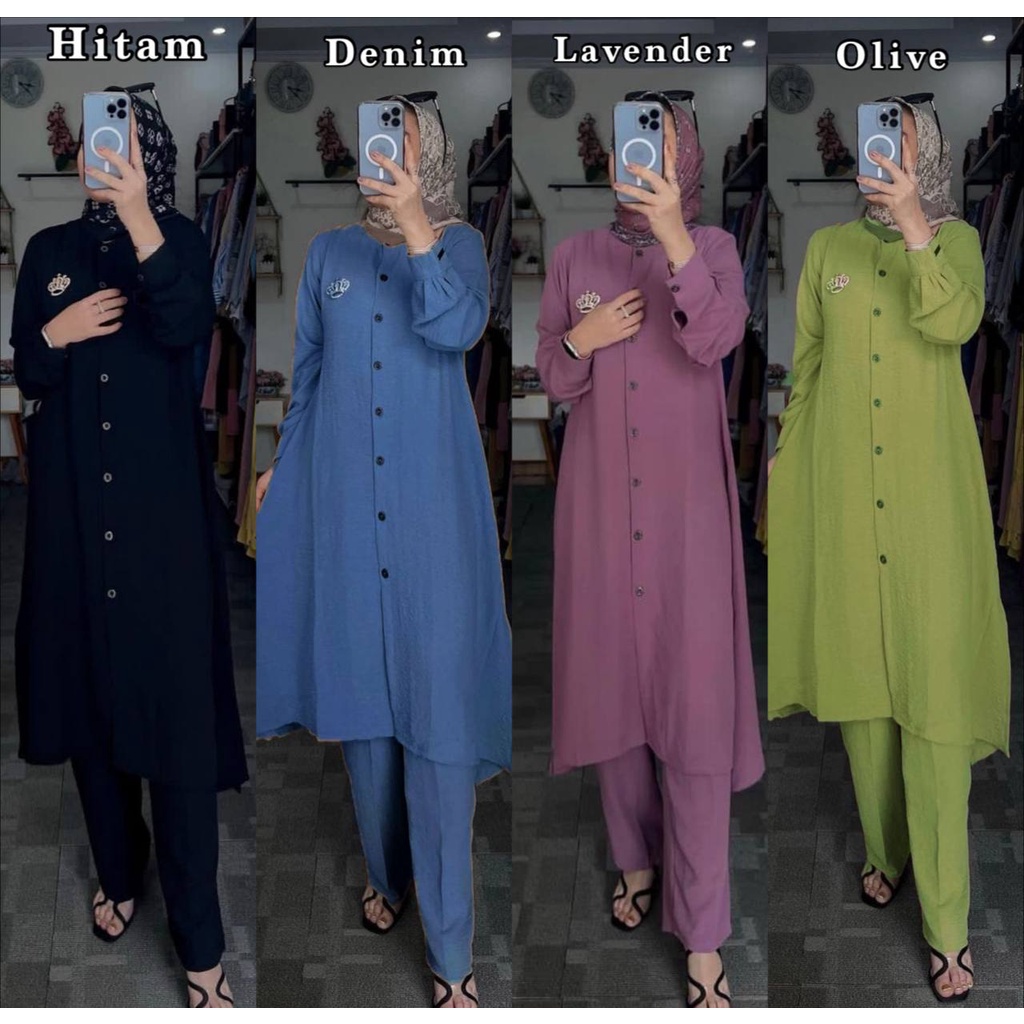 Once Set Tunik - One Set Wanita Kekinian Rayon Setelan Wanita Tunik Kancing Celana Panjang LD 110 cm