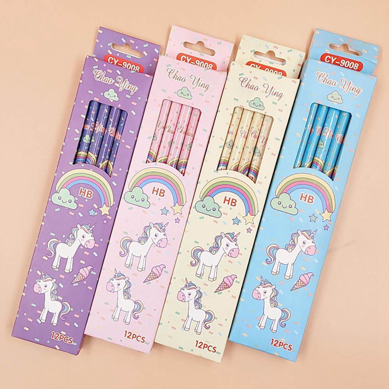 12Pcs Set Pensil Gambar  Kartun Unicorn  untuk Sekolah 