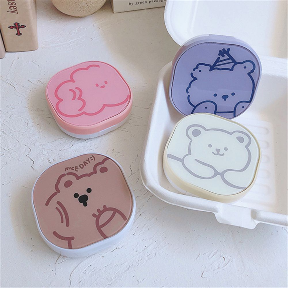 ROW Glasses Accessories Contact Lens Box Portable Storage Container Contact Lens Case Travel Cute Easy Carry Bear Cartoon with Mirror/Multicolor