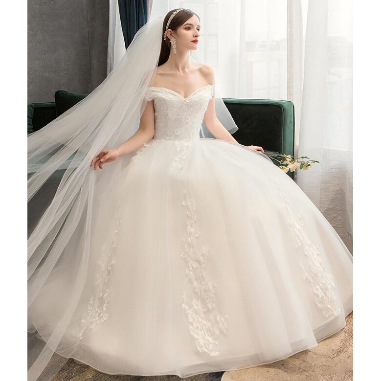 Fashion Wanita Bridal Putih Off Shoulder Renda Berlian Pernikahan Gaun Bridal Ball Gown