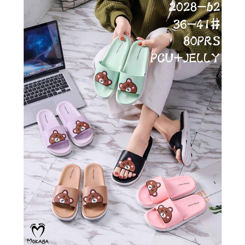 Sandal Slop Jelly Wanita Ban Bear Brown Depan Pastel Colour Cute Kece Casual Import Mokaya / Size 36-41 (2028-b2)