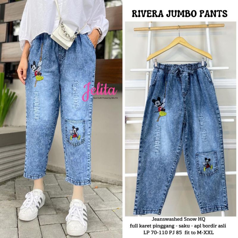 RIVERA PANTS JUMBO XL - Celana Jeans Aplikasi Ripped dan Bordir Mickey Mouse Lucu