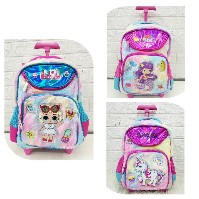 Tas Troli Trolley Ransel Sekolah Hologram Bulu LoL / Unicorn / Mermaid / Ransel TK dan SD