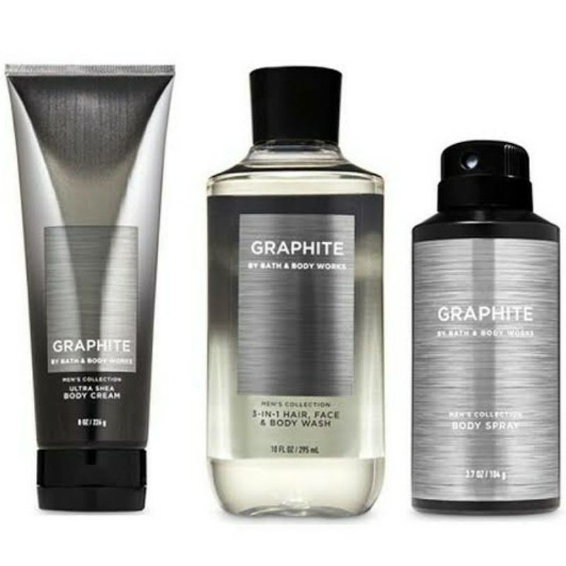 BATH &amp; BODY WORKS BBW MEN'S COLLECTION GRAPHITE SERIES BODY CREAM 226 G &amp; 70 G 2IN1 3IN1 HAIR , FACE &amp; BODY WASH 295 ML &amp; 88 ML DEODORIZING BODY SPRAY 104 G MINI COLOGNE 100 G &amp; 15 ML SHAVE GEL 191 G ROOMSPRAY 42,5 G POCKETBAC HANDCREAM 29 ML